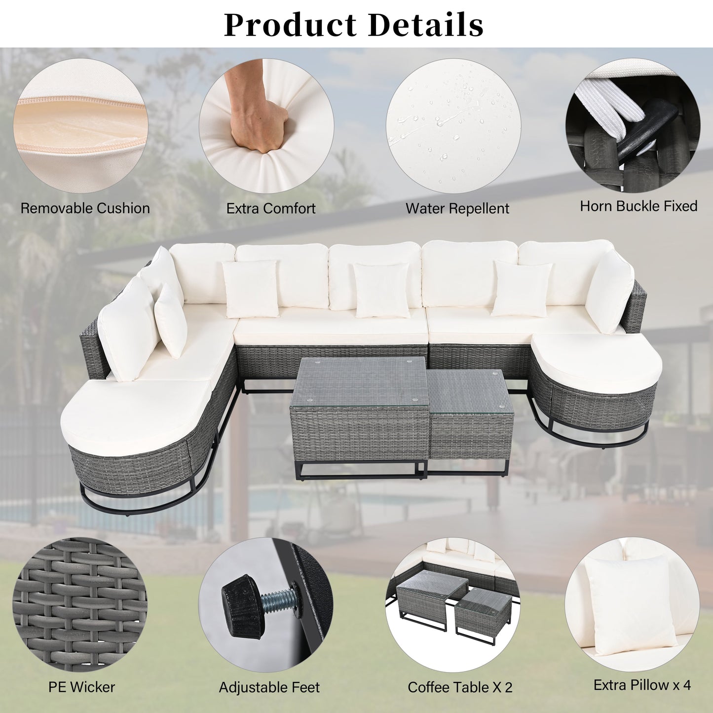 7 Pieces Large Size Outdoor Wicker Sofa Set, Rattan Conservation