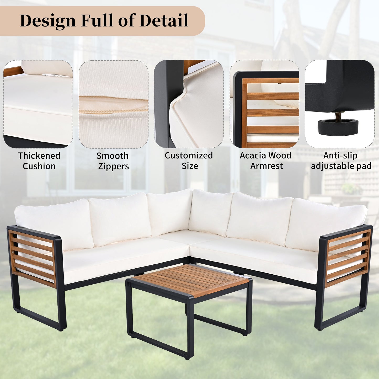 4 Pieces Outdoor Patio Conservation Set, Metal and Wood Frame