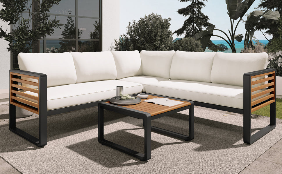 4 Pieces Outdoor Patio Conservation Set, Metal and Wood Frame