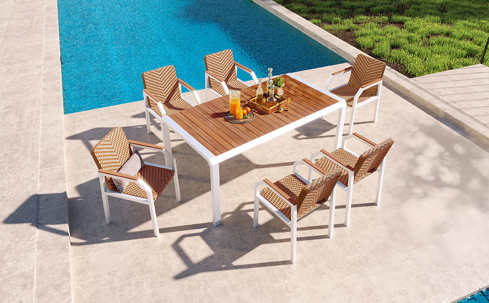 7 Piece Patio Dining Table Set, Outdoor Wicker Furniture Set of 6