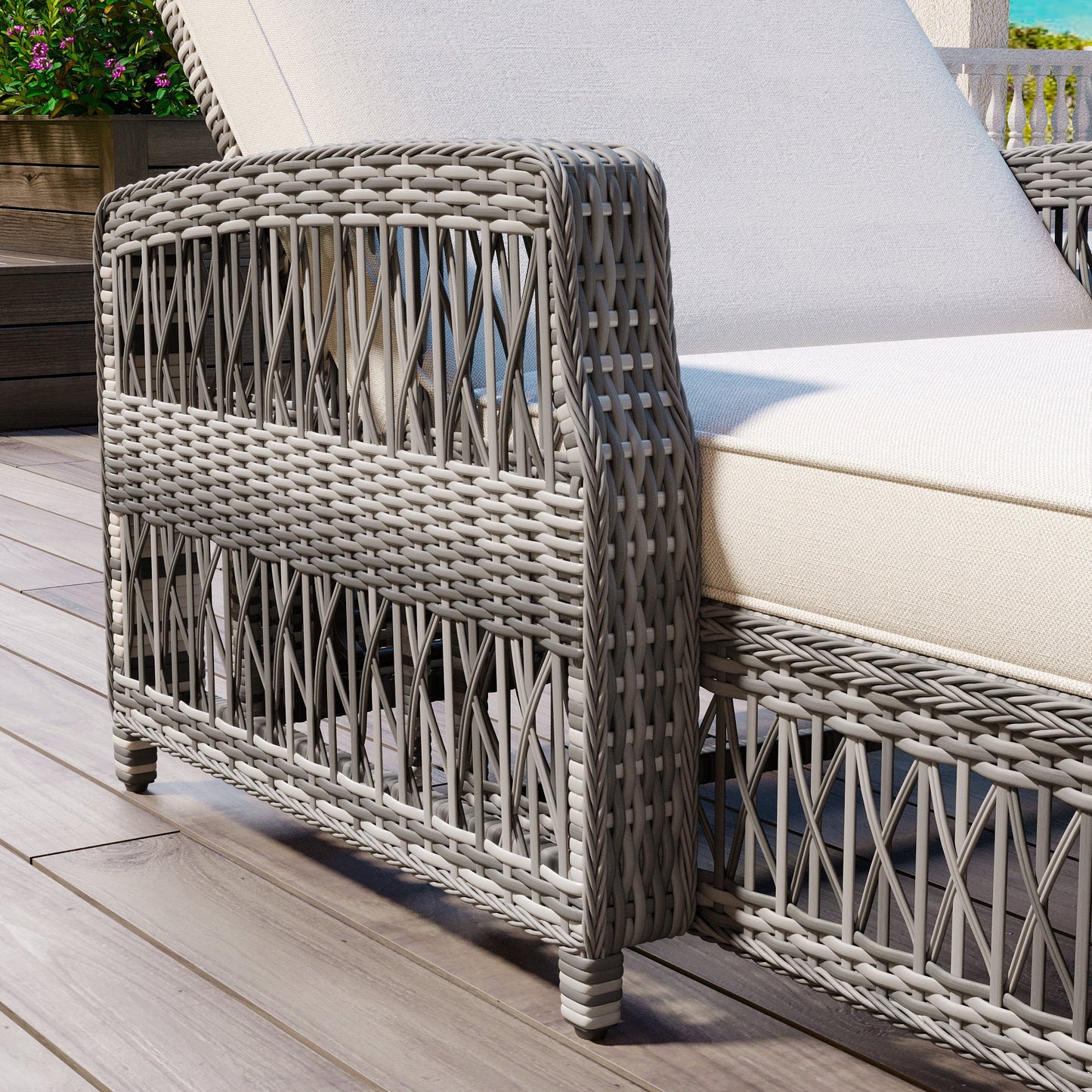 2 Pieces Long Reclining Chaise, Outdoor Wicker Lounge with Armrests,
