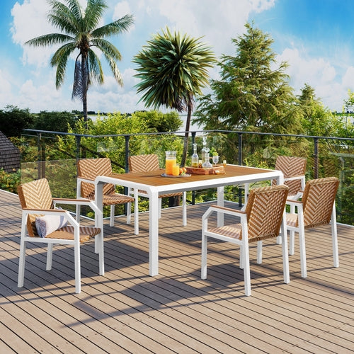 7 Piece Patio Dining Table Set, Outdoor Wicker Furniture Set of 6