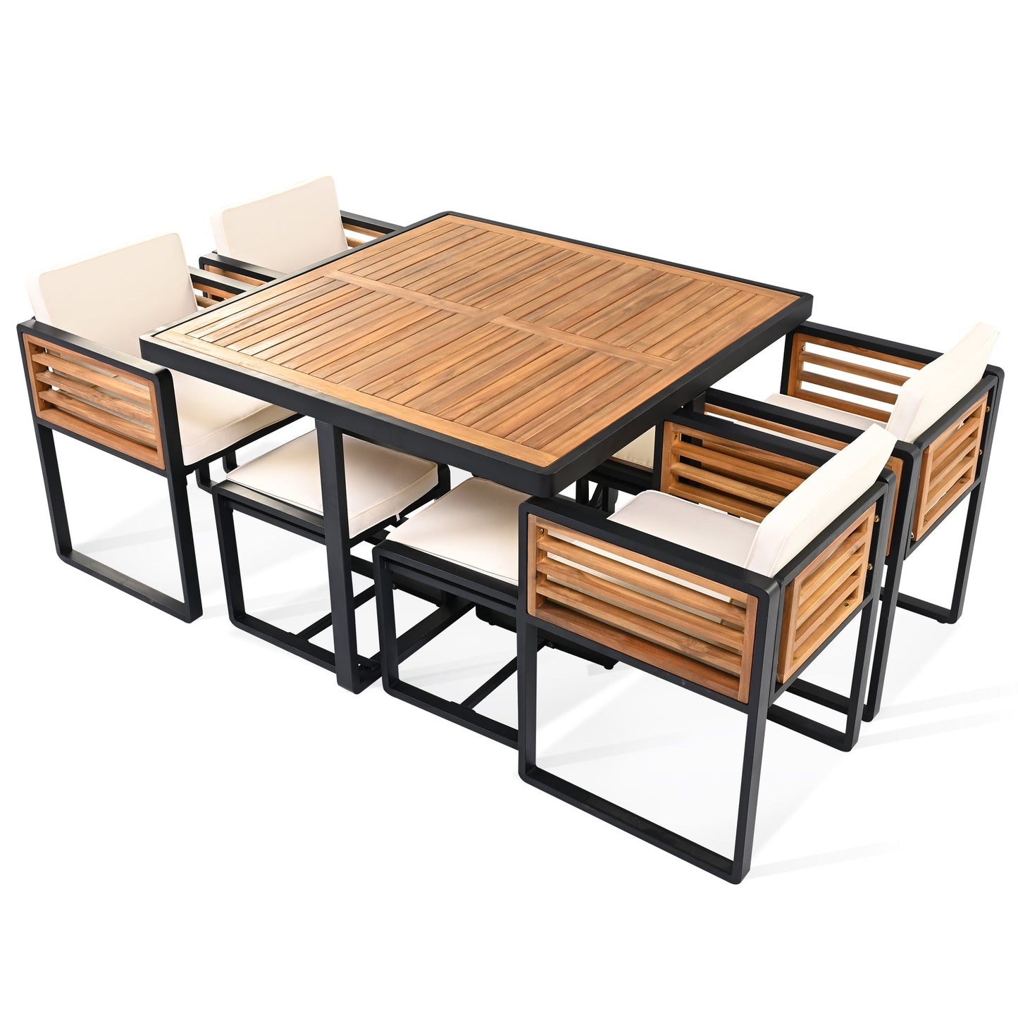 9-Pieces Acacia Wood Patio Dining Set, Space Saving Outdoor Patio Set,