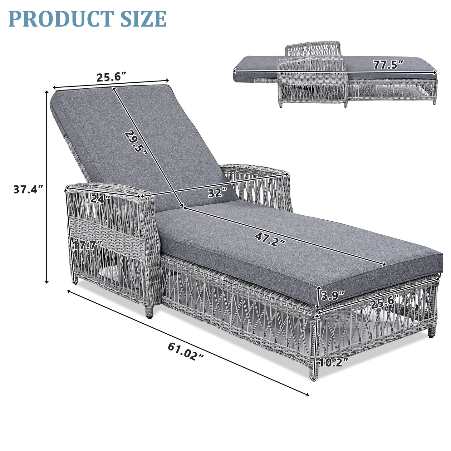 2 Pieces Long Reclining Chaise, Outdoor Wicker Lounge with Armrests,