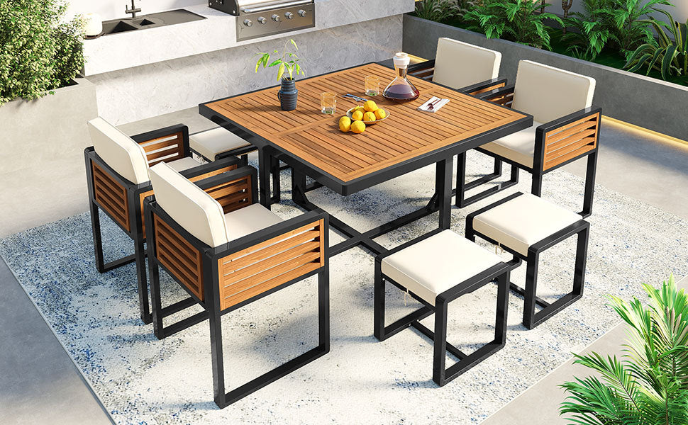 9-Pieces Acacia Wood Patio Dining Set, Space Saving Outdoor Patio Set,